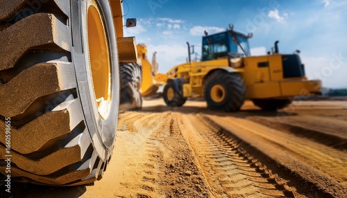 closeup of a large yellow construction vehicle tire with dirt and other construction vehicles blurred in the background