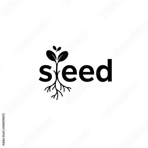 Modern black seed logo featuring a stylized s as a seedling with leaves and roots.
