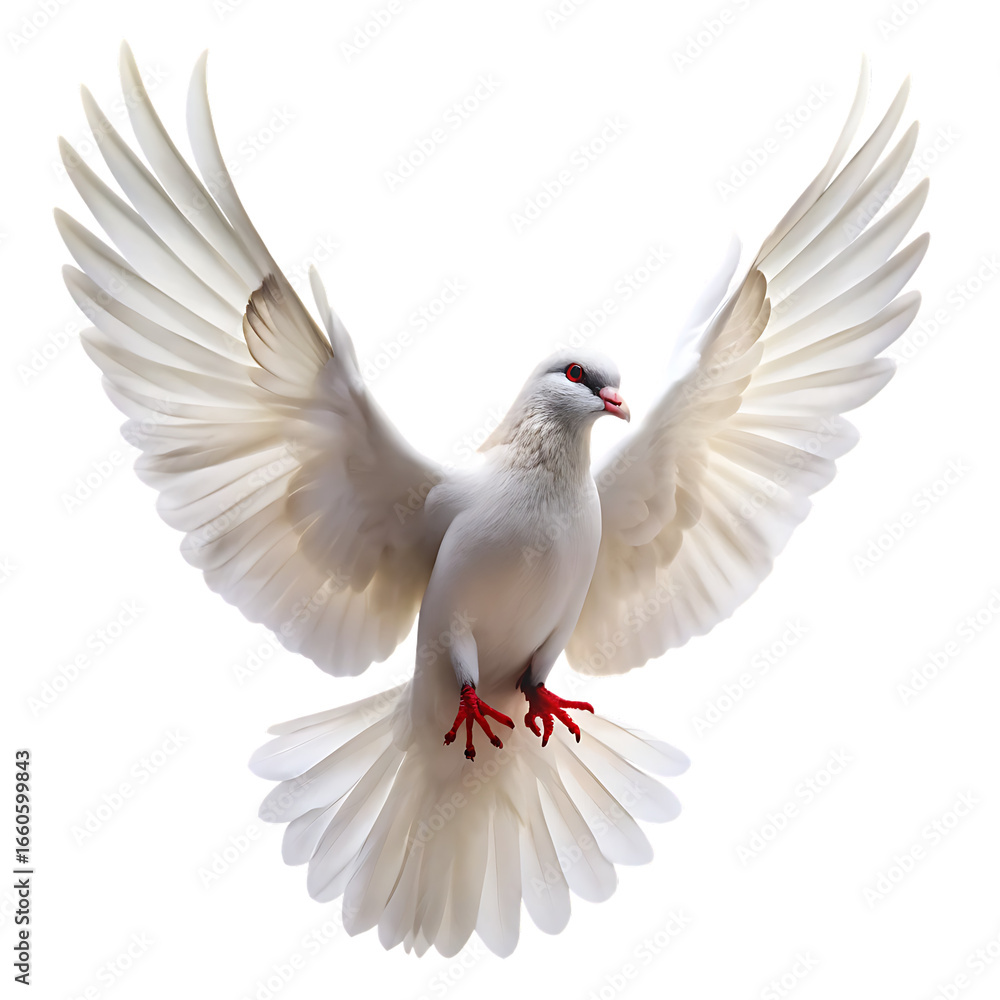 Fototapeta premium White dove with wings spread in flight against background pigeon bird isolated on a transparent background