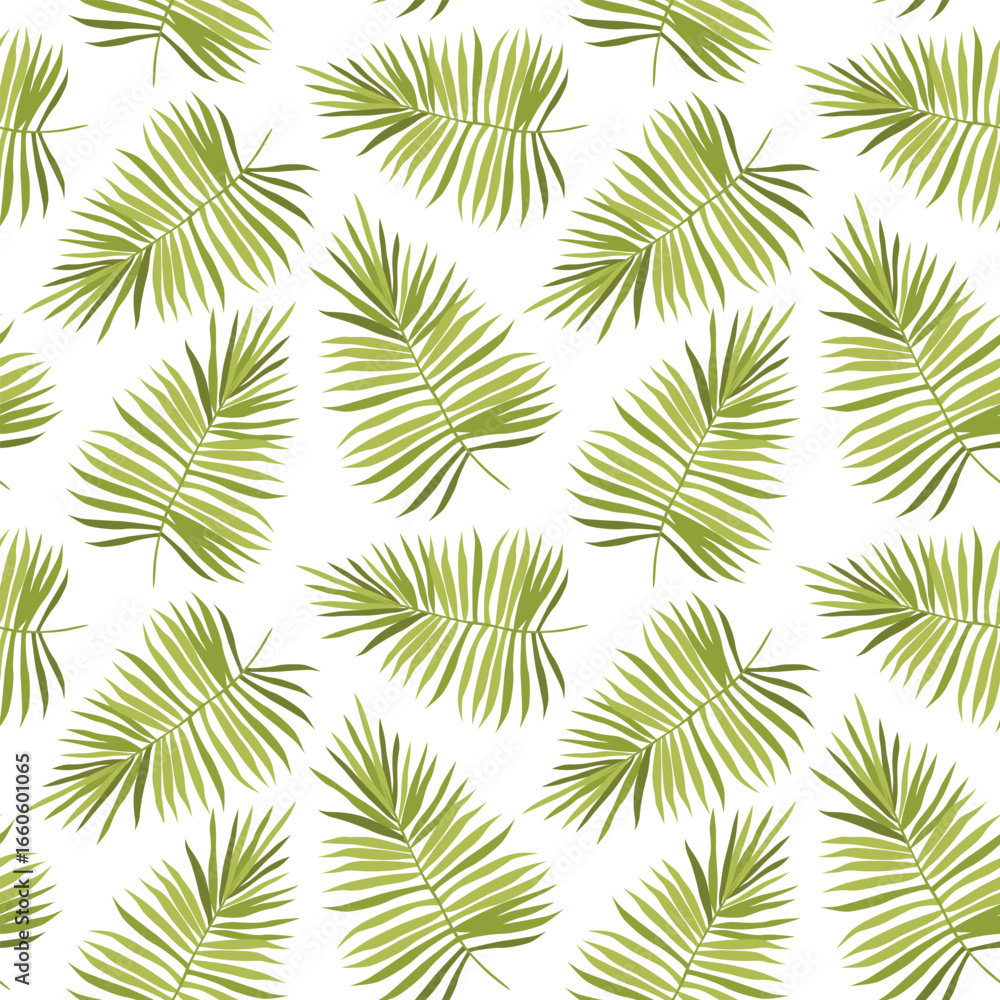 Vector hand-drawn seamless pattern with green palm leaves on white background . Vector hand-drawn seamless pattern with green palm leaves on white background .