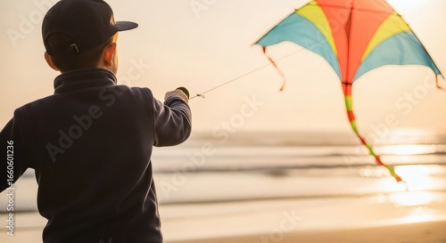 A young boy wearing a baseball cap joyfully flies a colorful kite on a sandy beach during a warm sunset.