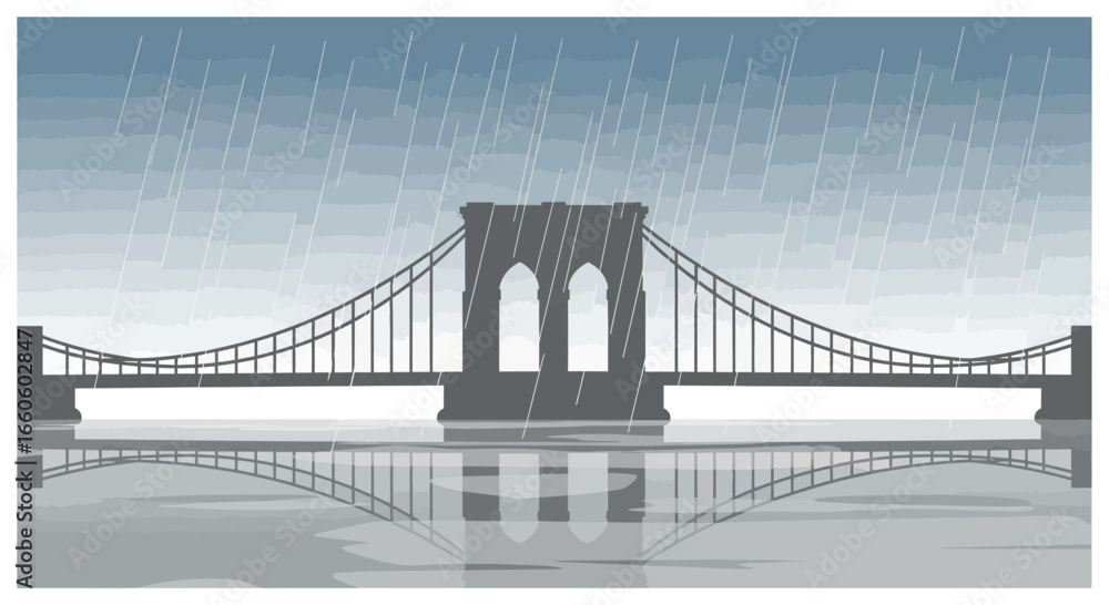Obraz premium Gloomy Weather Over City Bridge with Rain and Reflections Creating an Artistic Image
