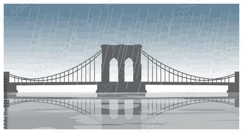 Gloomy Weather Over City Bridge with Rain and Reflections Creating an Artistic Image