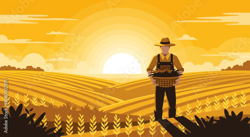 Golden Harvest: Farmer Collecting Crops In Rural Landscape at Sunrise Scene