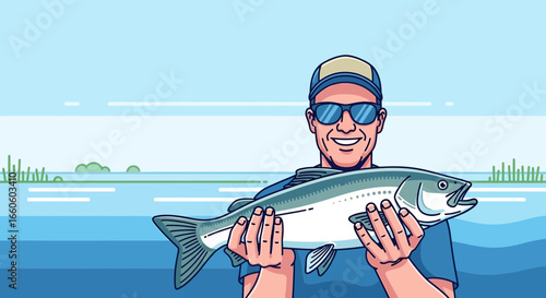 Happy Fisherman Holds Fresh Catch In The Lakeside On A Bright Sunny Day