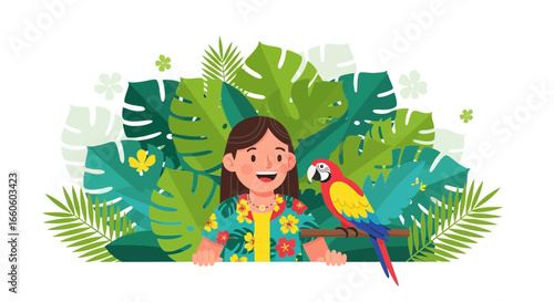 Happy Girl And Macaw In Tropical Paradise Illustration