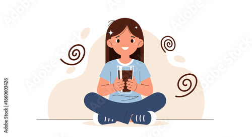 Happy Girl Enjoying a Refreshing Chocolate Drink in Relaxed Position