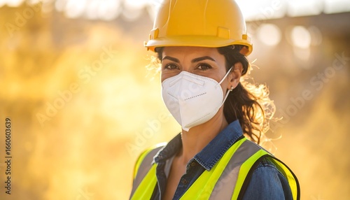 Woman construction worker wearing a safety helmet and mask