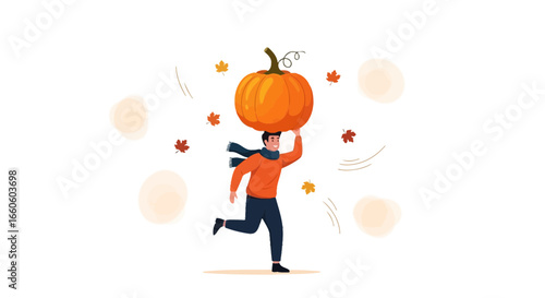 Harvest Joy: Man Running with a Giant Pumpkin on his Head Illustration