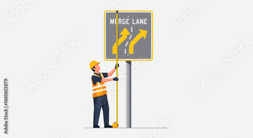 Highway Engineer Measuring Merge Sign On The Road For Safety Regulation