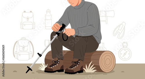 Hiker Preparing Trekking Pole Before Adventure On Forest Trail Adventure