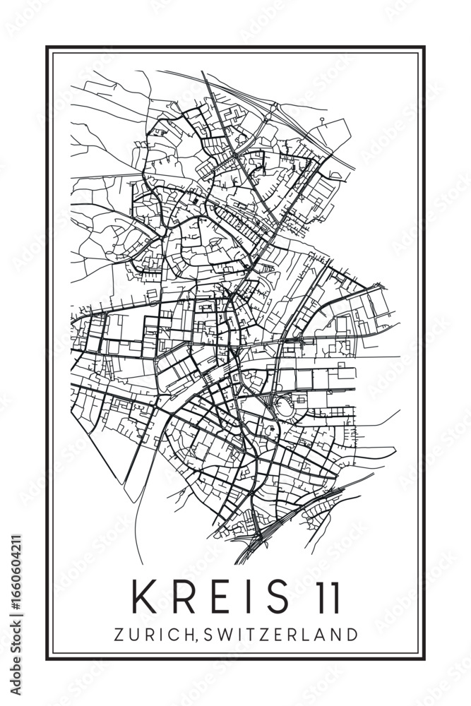 Fototapeta premium Hand drawn printable downtown road map poster of the Swiss city of ZURICH-KREIS 11 on solid white background with city name
