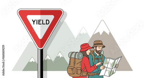 Hikers Consult Map At A Yield Sign Near Mountains On Vacation Adventure