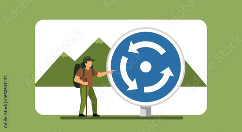 Hiking Adventure Discovering Recycling Logo with Scenic Mountain Backdrop