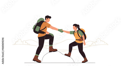 Hiking Couple Helps Each Other To Reach The Top Together Expedition