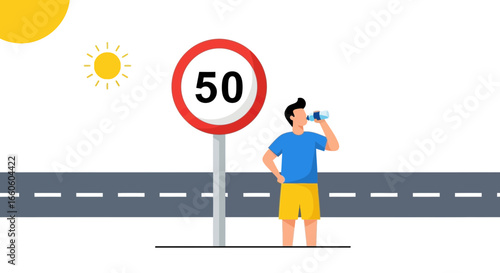 Hydrated Athlete Pauses Beside Road Sign After A Strenuous Workout Session