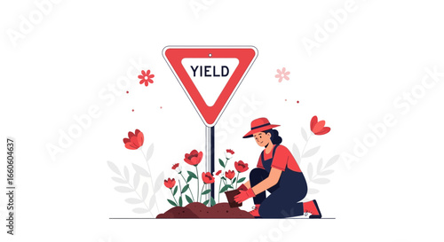 Illustration depicting a woman gardening with a yield sign symbolizing investment returns