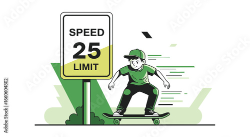 Illustration of a boy skateboarding near a speed limit sign depicting youthful energy