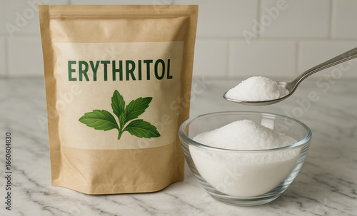 Erythritol is natural sweetener often used as sugar substitute various recipes and beverages. This showcases erythritol package alongside bowl