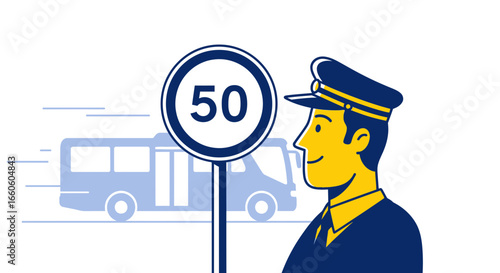 Illustration of a bus driver smiling next to a speed limit sign, cartoon style
