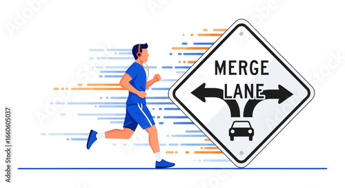Illustration of a man jogging past a merge lane sign, suggesting a fast-paced lifestyle and transportation changes