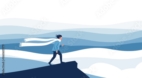 Illustration Of A Man Walking Toward His Goals On Top Of A Hill