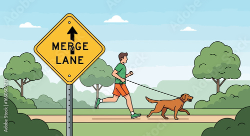 Illustration of a runner jogging with his dog in a park with merge lane sign near by