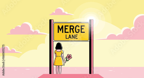 Illustration of a woman holding a flower standing next to a merge lane sign under the sunny sky, emphasizing the concept of life transitions