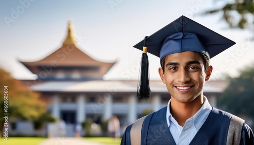 Nepali Asian Male Student in Graduation Cap with College Background
