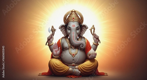 High-resolution digital art of Lord Ganesha with glowing aura, soft gradient background in orange and gold, spiritual and clean composition.