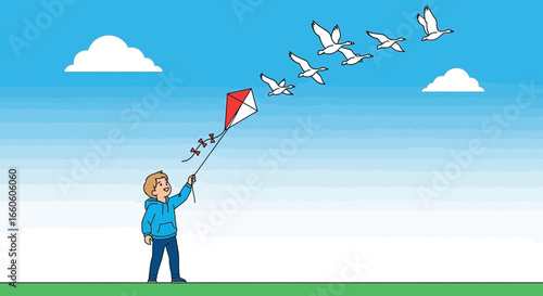 Joyful Boy With Kite Enjoying Nature Surrounded by Birds in the Sky