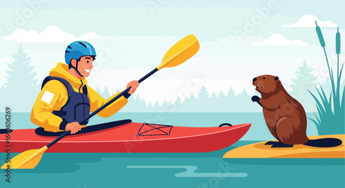 Kayaker Meets Beaver During a Peaceful Paddle on a Calm Lake