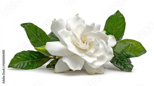 Closeup Of A Single White Flower With Green Leaves On A White Background, Detailed Studio Shot Of A Blooming Flower, High Resolution Image Of A