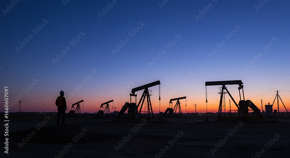Fototapeta premium Silhouetted figure in an oil field under a vibrant twilight sky