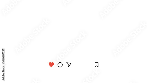 Social media post frame mockup with like, comment, share, and save icons. Photo or video template for mobile app interface. Blank graphic element for content creators on a transparent background.