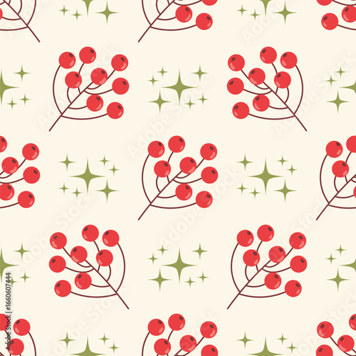 Seamless polka dot arranged pattern with bright red rowan berries and small stars in flat cartoon style.