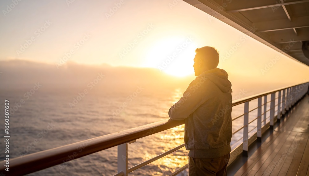 Fototapeta premium Man on cruise ship deck watches sunrise over ocean