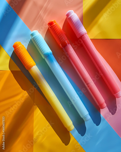 Colorful markers arranged diagonally on vibrant geometric background, casting shadows.