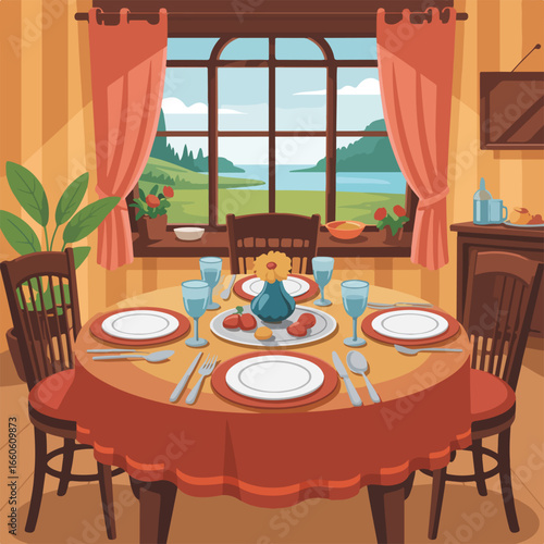 Dining room interior with wooden table and chairs