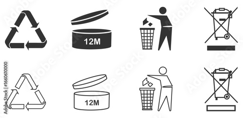 Recycling, period after opening 12m, trash bin, WEEE sign collection isolated on white background. Recycle sign, period after opening 12m, trash bin, weee symbol, cosmetic, skincare, makeup, expiry