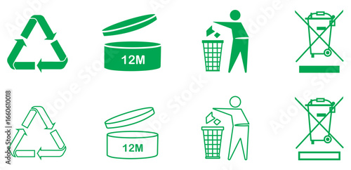 Recycling, period after opening 12m, trash bin, WEEE sign set in green color on white background. Recycling icons set for packaging. Trash bin, jar, expiration, cosmetic, skincare, disposal