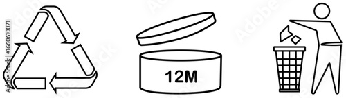 Recycling symbol, PAO sign and disposal icon set in outline style isolated on white background. Recycle symbol, 12m, dustbin icon set. Recycling, period after opening, waste disposal, dustbin, trash