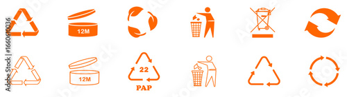 Recycling symbols, disposal icons, waste management, eco friendly signs on white background. Recycling symbol, 22 pap, period after opening 12m, trash bin, weee sign,  arrow, circular arrows