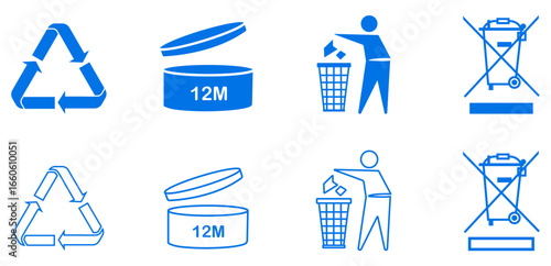 Recycle symbol, PAO 12m, dispose properly, WEEE sign set in blue color isolated on white background. Period after opening 12m, 12 months, trash bin, electronic waste, cosmetic, skincare, waste