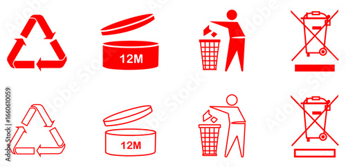 Recycle symbol, PAO 12m, dispose properly, WEEE sign collection isolated on white background. Period after opening 12m, trash bin, recycling symbol,  electronic waste, cosmetic, skincare,  makeup