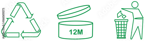 Recycling symbols, PAO 12m signs and disposal icons set in green outline style on white background. Recycling, 12 months, 12 pap, period after opening, waste disposal, expiration, trash, bin, balsam