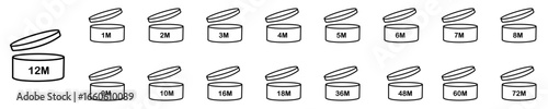 PAO symbols set isolated on white background. Period after opening. Period after open icons set. PAO symbols.  Pao sign, period after opening, cosmetic, 12m, beauty, expiration, month shelf, make up