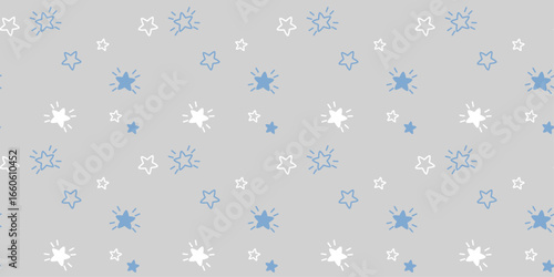Vector seamless pattern with sprinkle blue and white stars on grey background, nursery scandinavian good night pajamas print in pastel color , texture, illustration 