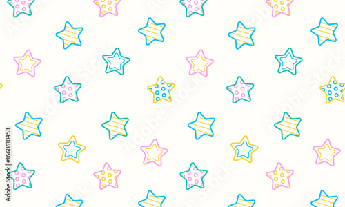 Vector seamless pattern with colorful sprinkle stars with dots and stripes, white background, nursery print color confetti, texture illustration for holiday birthday party, celebration