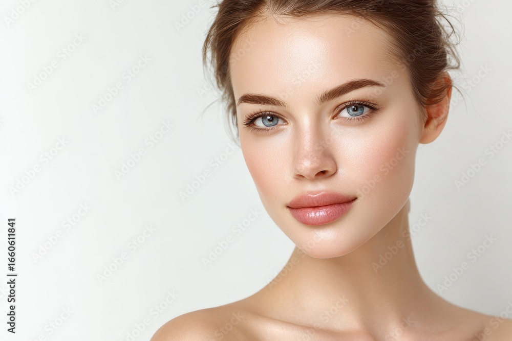 Obraz premium Portrait of a beautiful young woman with fresh healthy skin showcasing cosmetology and spa treatments against a white background